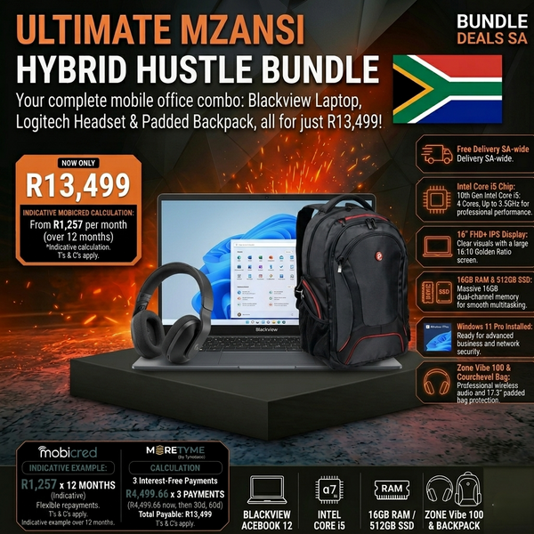 Mzansi Hybrid Hustle Bundle: Blackview Acebook i5 Laptop, Logitech Zone Vibe 100 & Port Backpack