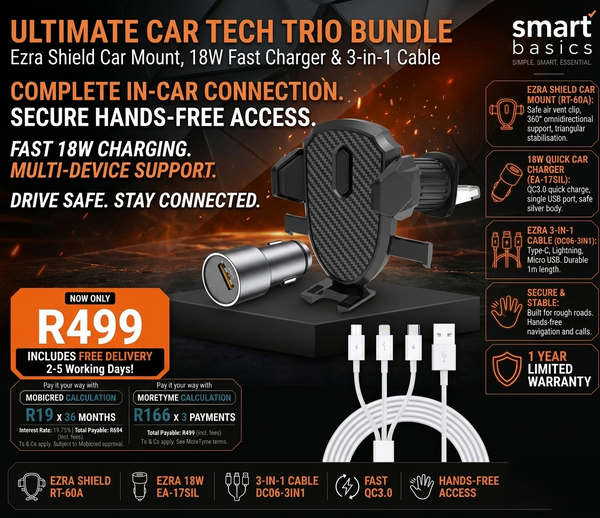 Ultimate Ezra 3-in-1 Car Accessory Bundle | Phone Holder, Fast Charger & 3-in-1 Cable